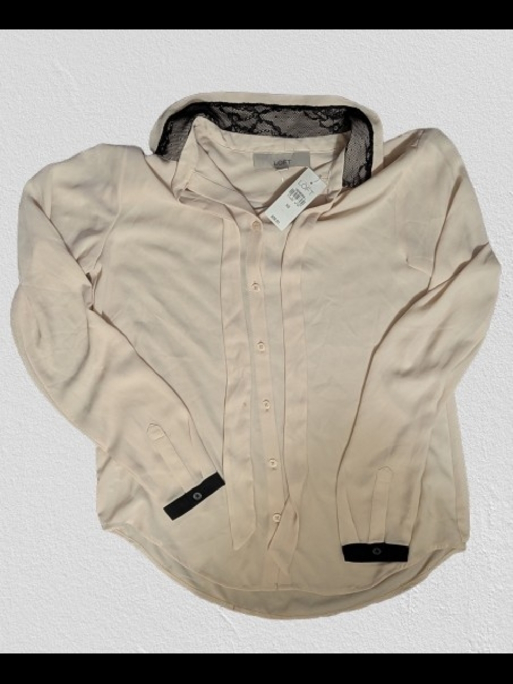 NWT LOFT Cream Button-Front Shirt Lace Black Trim Cuffs XS